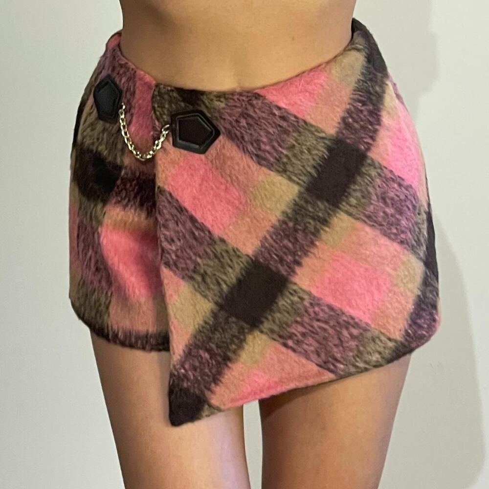 Brown and Pink Plaid Mini Skort L
